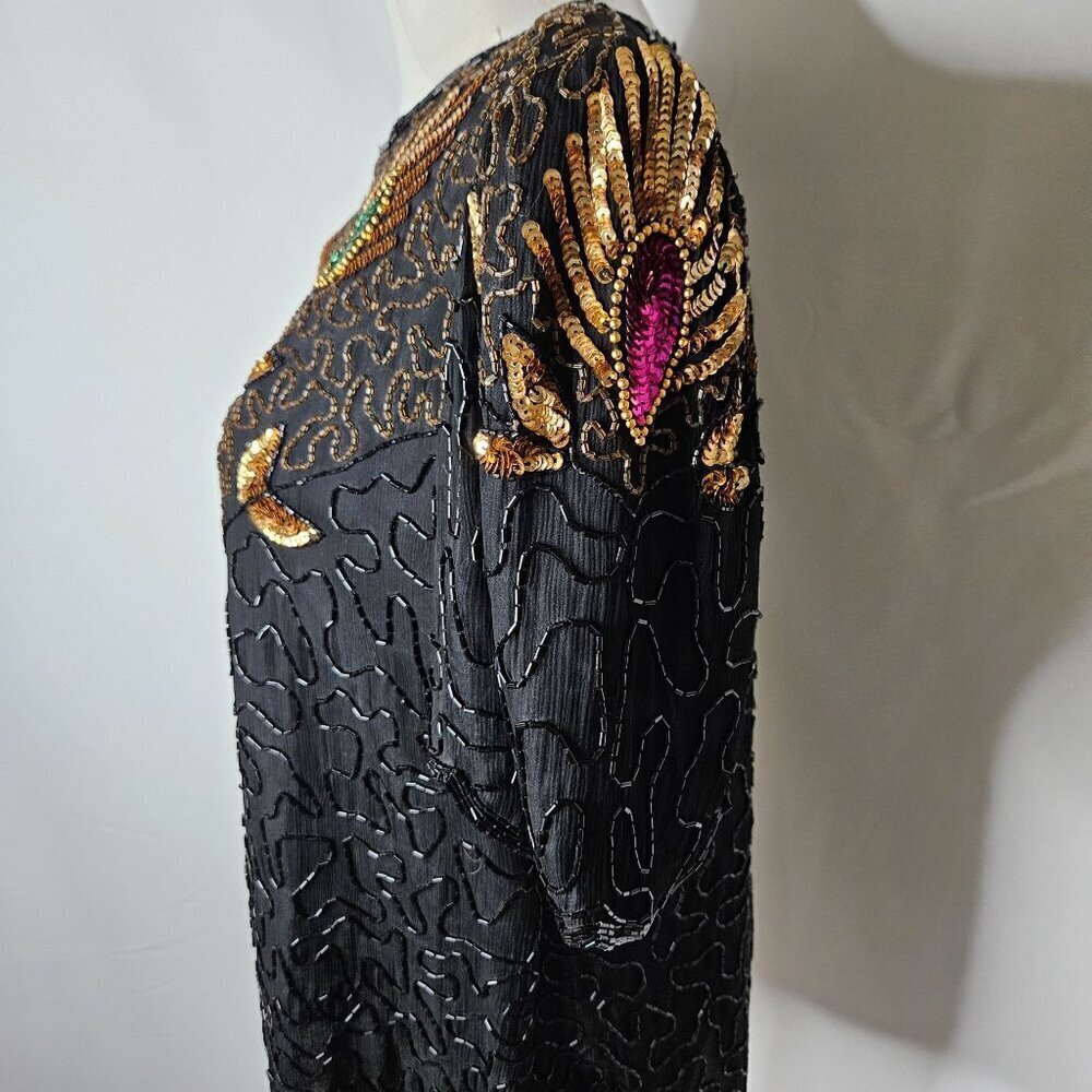 Vintage Denise Elle Black Silk Blouse Peacock Sequins Bling Holidays Party Top - Picture 4 of 12